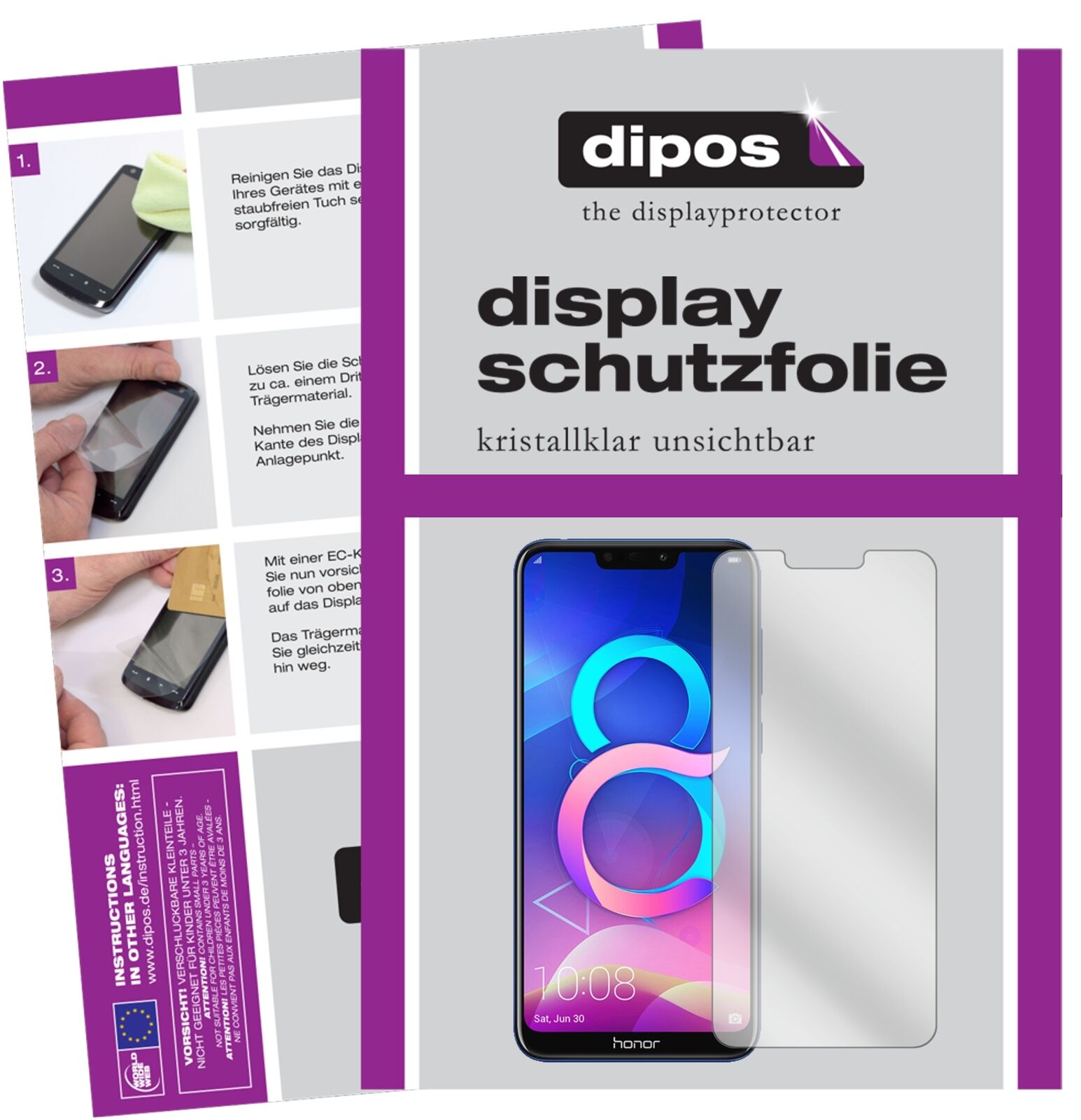 Honor8C mit aufgebrachter dipos Displayschutzfolie, glasklare Darstellung ohne Einschränkungen