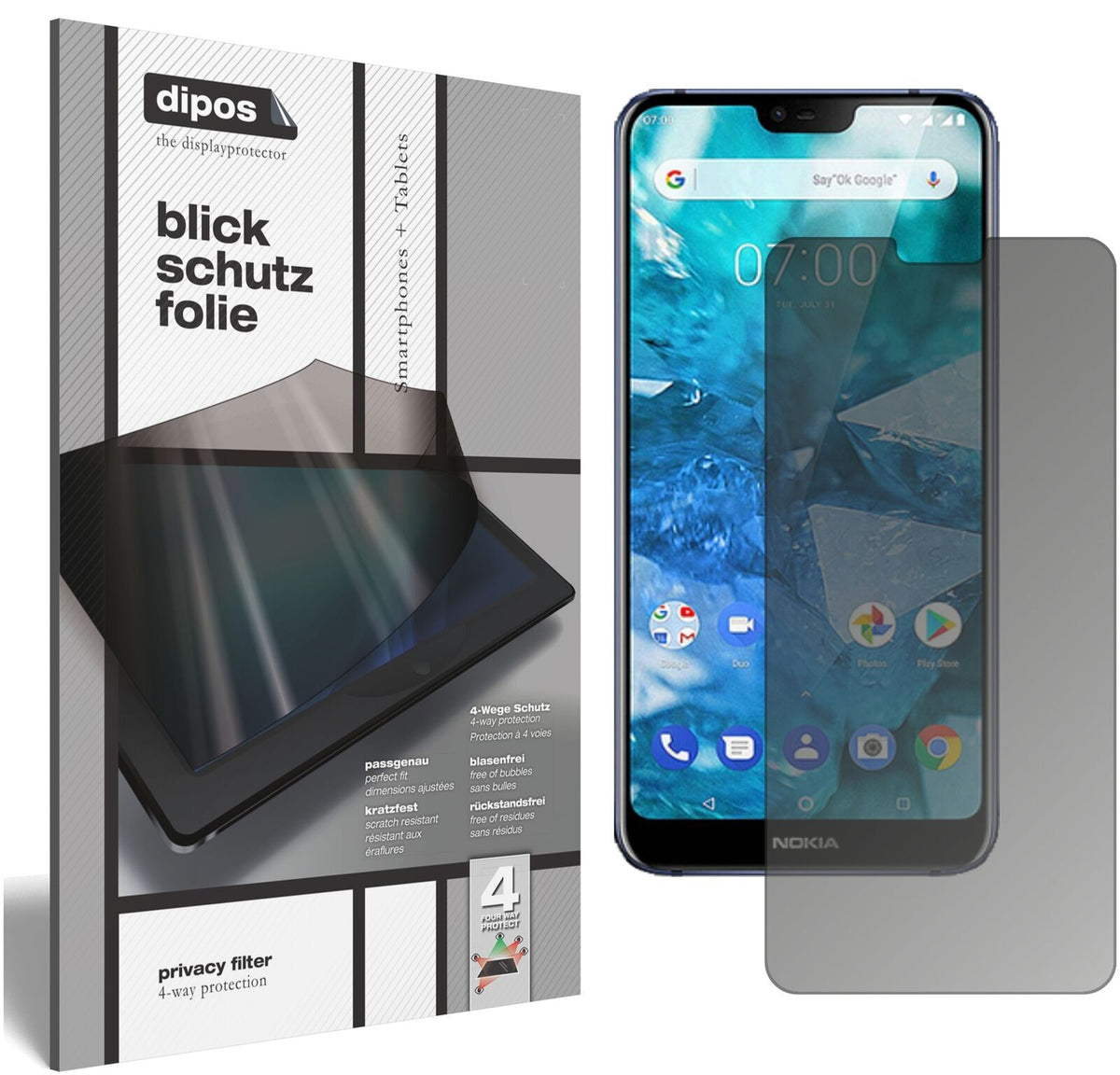 NokiaX7 (2018) mit aufgebrachtem dipos Displayschutz, der seitliche Einblicke blockiert