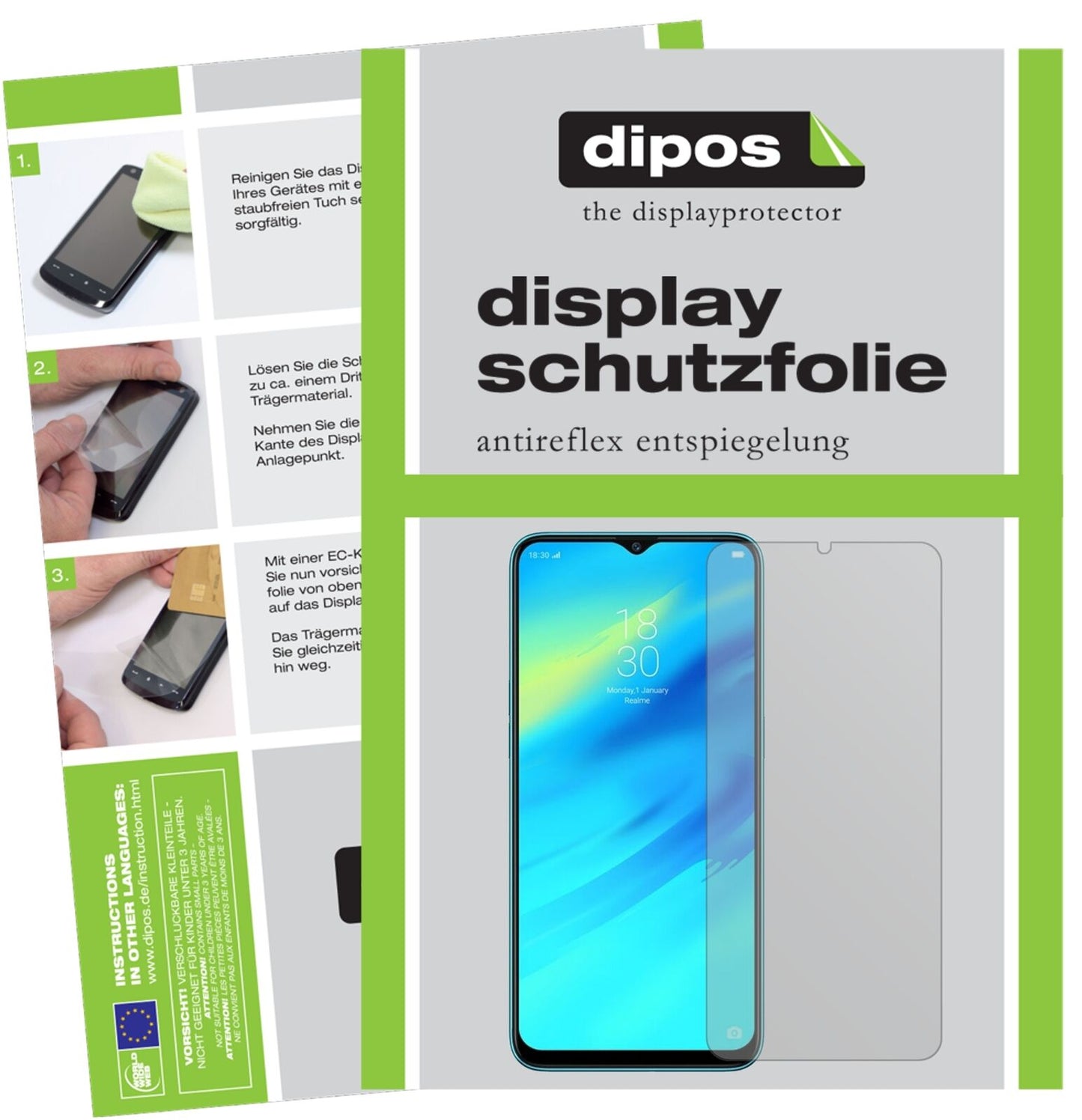 OppoRealme 2 Pro mit aufgebrachter dipos Displayschutzfolie, die lästige Fingerabdrücke minimiert