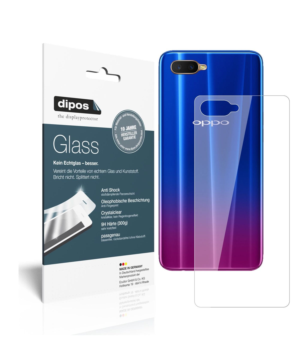 OppoR15x Rückseite mit aufgebrachter dipos Flex Schutzfolie, glasklare Darstellung ohne Einschränkungen