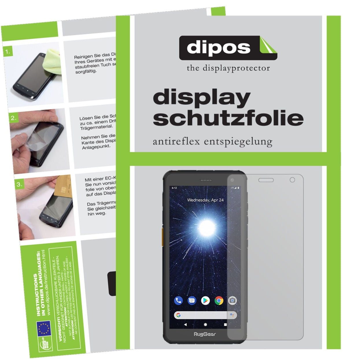 RugGearRG655 mit aufgebrachter dipos Displayschutzfolie, die lästige Fingerabdrücke minimiert