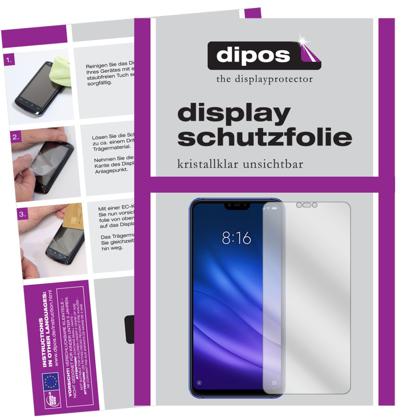 XiaomiMi 8 Lite mit aufgebrachter dipos Displayschutzfolie, glasklare Darstellung ohne Einschränkungen