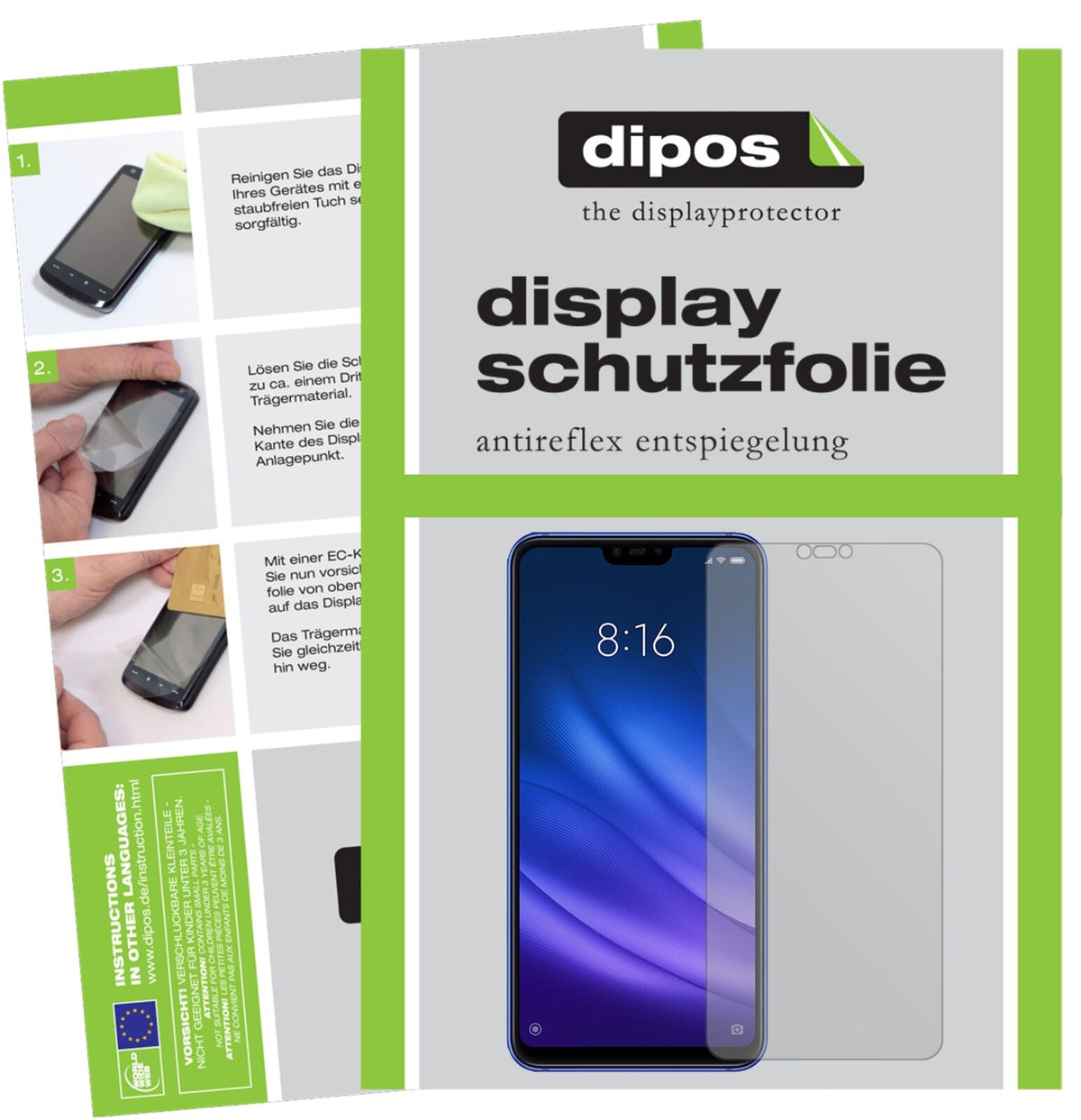 XiaomiMi 8 Lite mit aufgebrachter dipos Displayschutzfolie, die lästige Fingerabdrücke minimiert