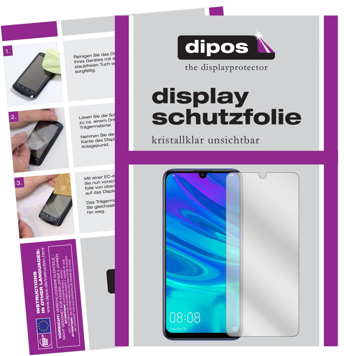 HuaweiP Smart Plus (2019) mit aufgebrachter dipos Displayschutzfolie, glasklare Darstellung ohne Einschränkungen