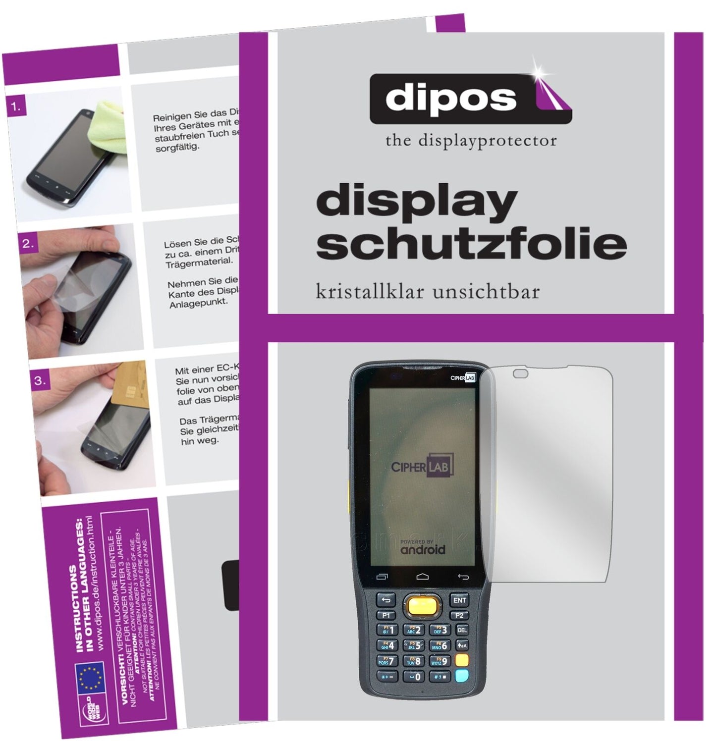 Klare Displayschutzfolie von dipos passend für CipherLab RK25, präziser Zuschnitt und blasenfrei montiert