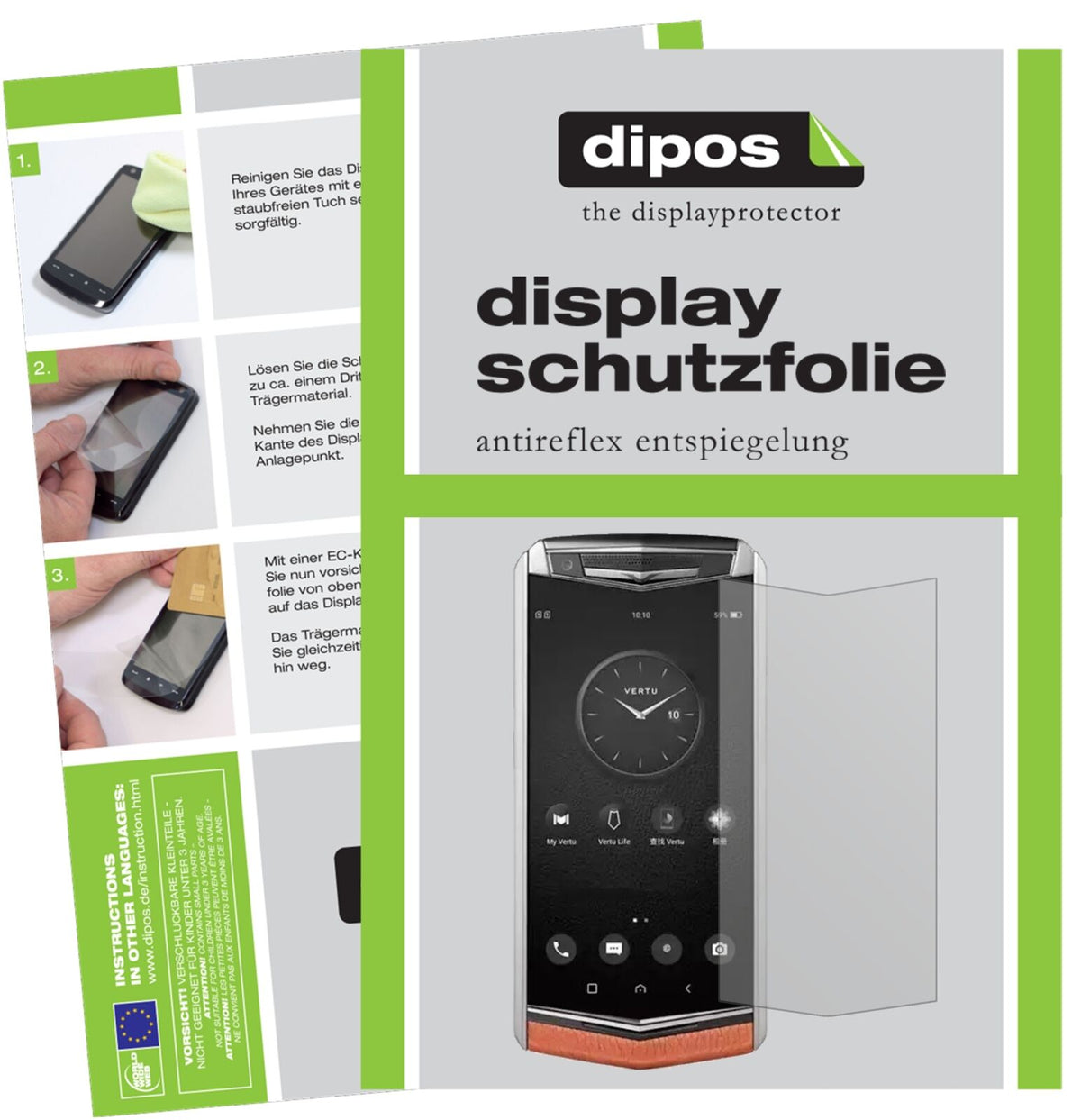 VertuAster P mit aufgebrachter dipos Displayschutzfolie, die lästige Fingerabdrücke minimiert
