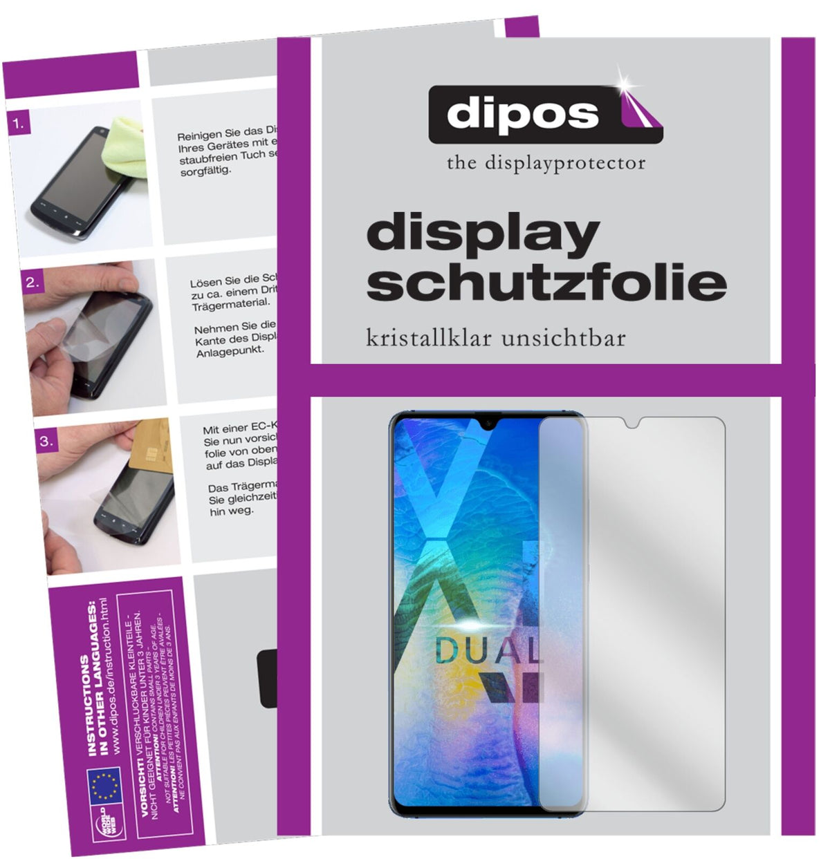 HuaweiMate 20 X mit aufgebrachter dipos Displayschutzfolie, glasklare Darstellung ohne Einschränkungen