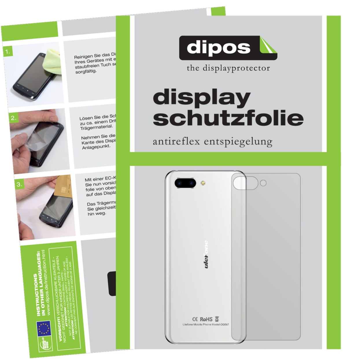 UlefoneT2 Pro Rückseite mit aufgebrachter dipos Displayschutzfolie, die lästige Fingerabdrücke minimiert