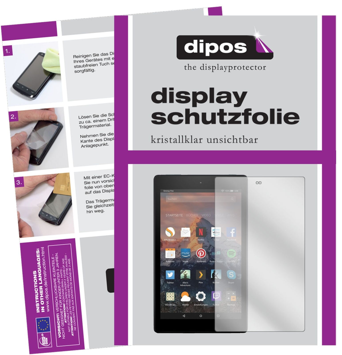 Klare Displayschutzfolie von dipos passend für Amazon Fire HD 8 (2020), präziser Zuschnitt und blasenfrei montiert