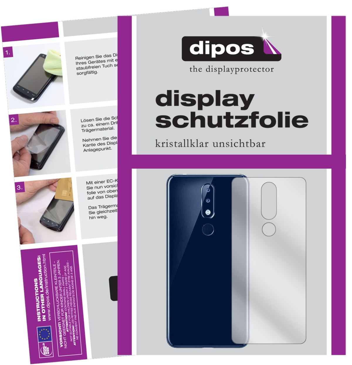 Nokia5.1 Plus Rückseite mit aufgebrachter dipos Displayschutzfolie, glasklare Darstellung ohne Einschränkungen