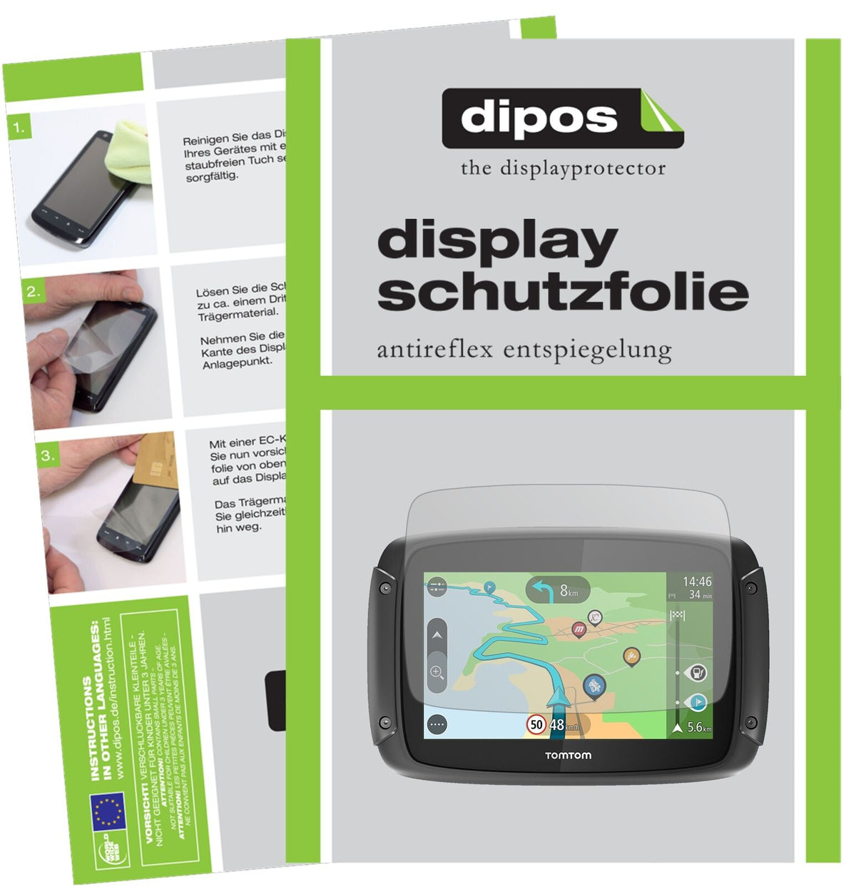 TomTomRider 500 mit aufgebrachter dipos Displayschutzfolie, die lästige Fingerabdrücke minimiert