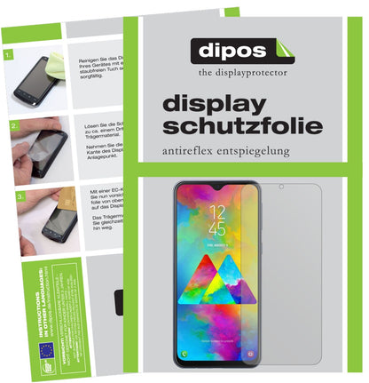 SamsungGalaxy M20 mit aufgebrachter dipos Displayschutzfolie, die lästige Fingerabdrücke minimiert
