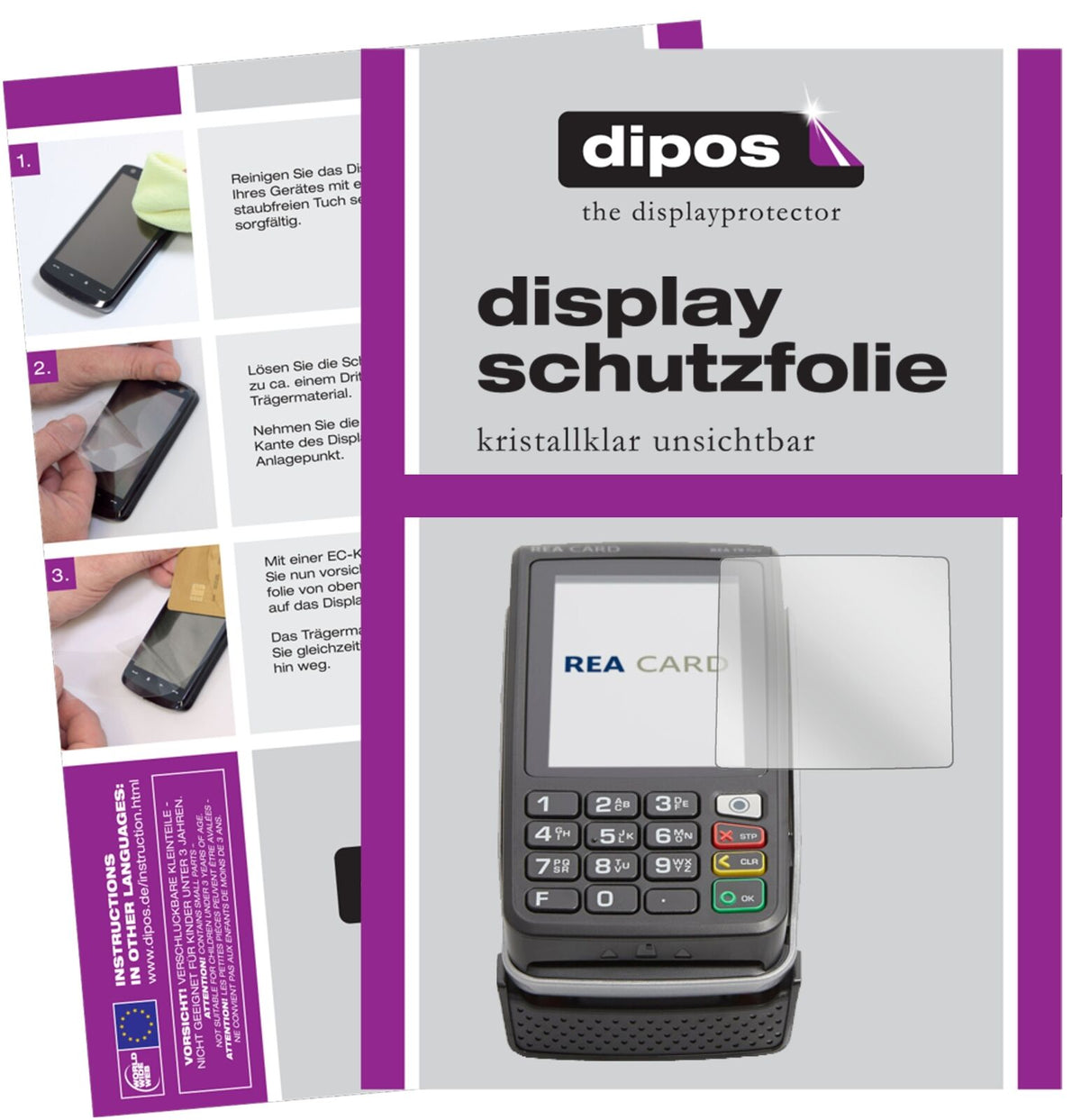 REA CARDT9 flex Terminal mit aufgebrachter dipos Displayschutzfolie, glasklare Darstellung ohne Einschränkungen