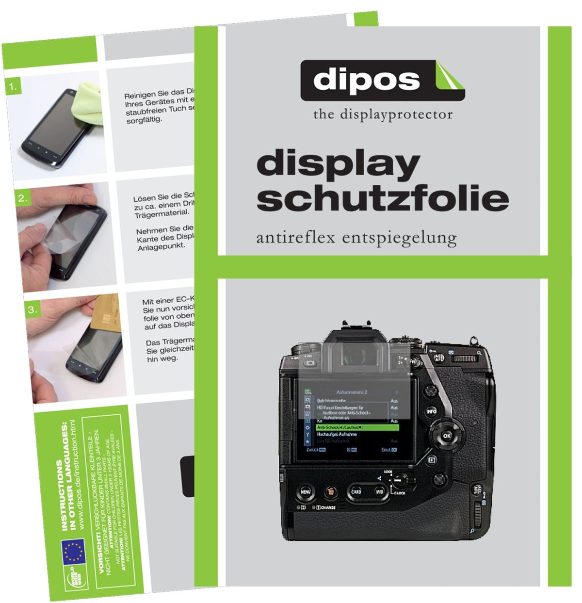 OlympusOM-D E-M1X mit aufgebrachter dipos Displayschutzfolie, die lästige Fingerabdrücke minimiert