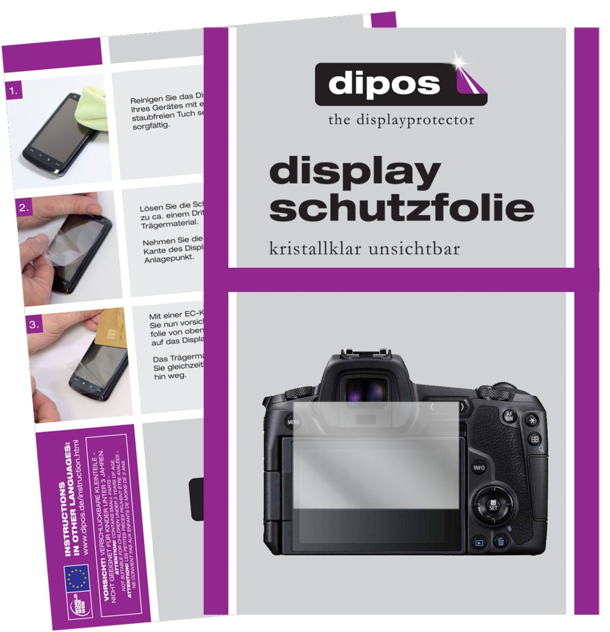 CanonEOS R mit aufgebrachter dipos Displayschutzfolie, glasklare Darstellung ohne Einschränkungen