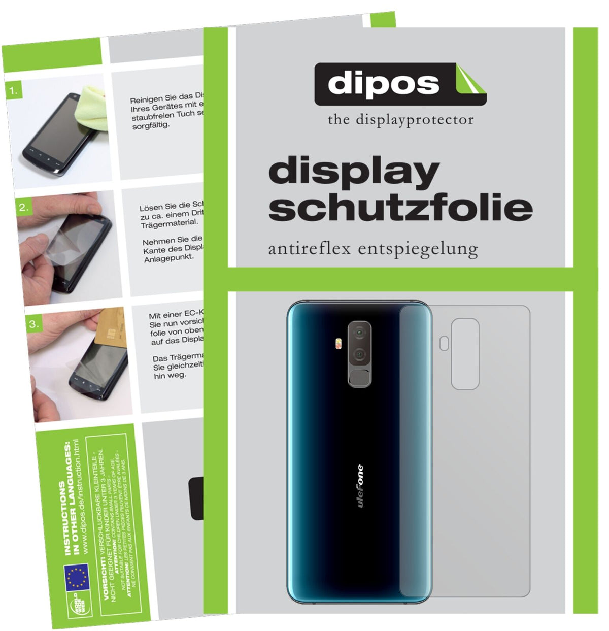 UlefoneT2 Rückseite mit aufgebrachter dipos Displayschutzfolie, die lästige Fingerabdrücke minimiert
