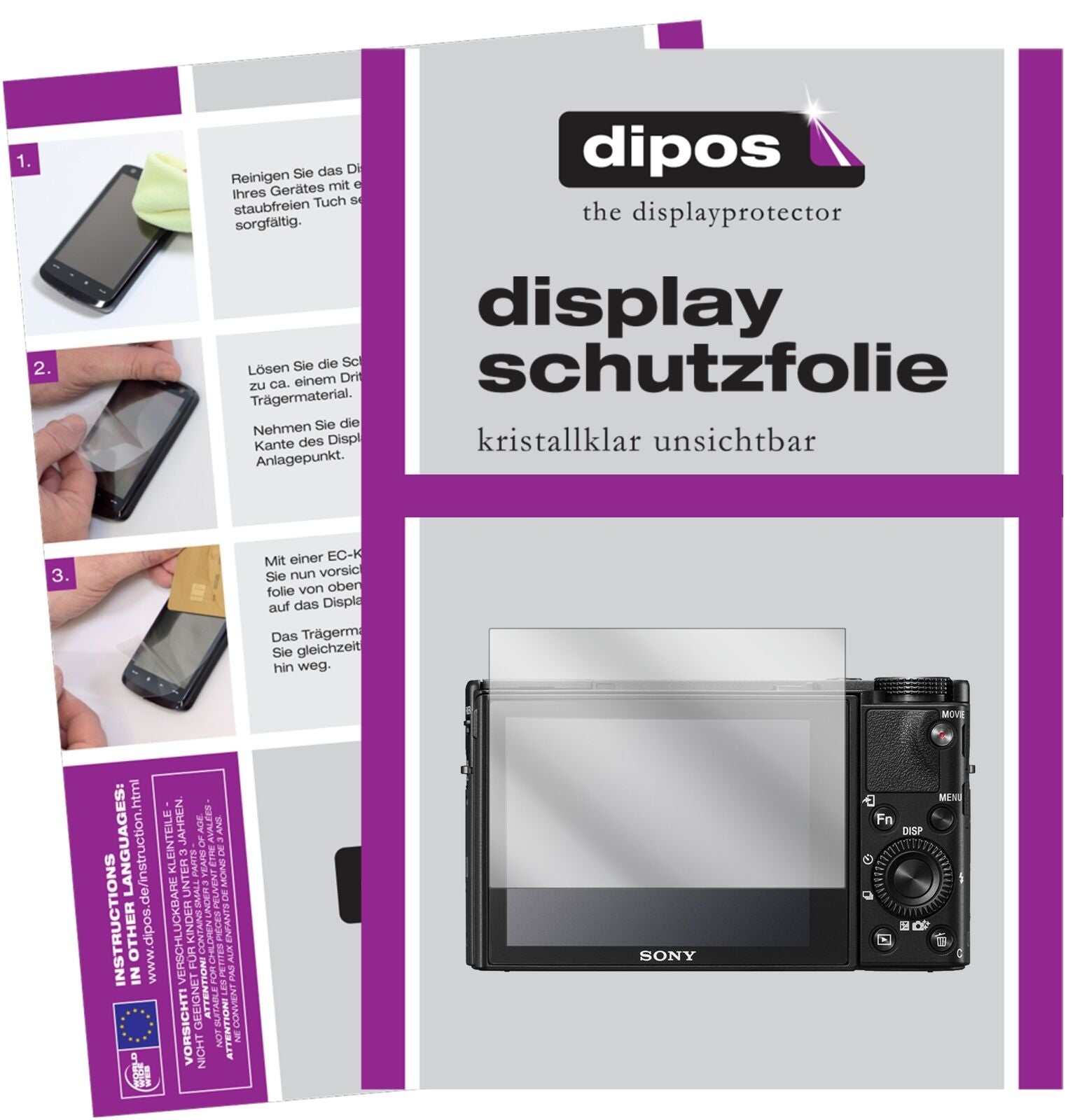 Klare Displayschutzfolie von dipos passend für Sony Cyber-Shot DSC-RX 100V, präziser Zuschnitt und blasenfrei montiert