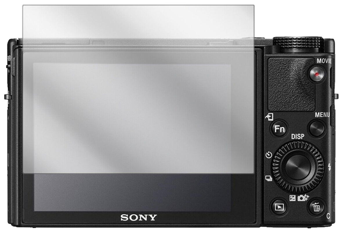 SonyCyber-Shot DSC-RX 100V mit aufgebrachter dipos Displayschutzfolie, glasklare Darstellung ohne Einschränkungen