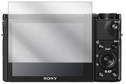 SonyCyber-Shot DSC-RX 100V mit aufgebrachter dipos Displayschutzfolie, glasklare Darstellung ohne Einschränkungen