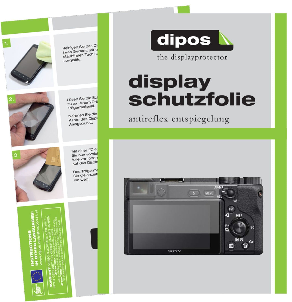 SonyAlpha 6400 mit aufgebrachter dipos Displayschutzfolie, die lästige Fingerabdrücke minimiert