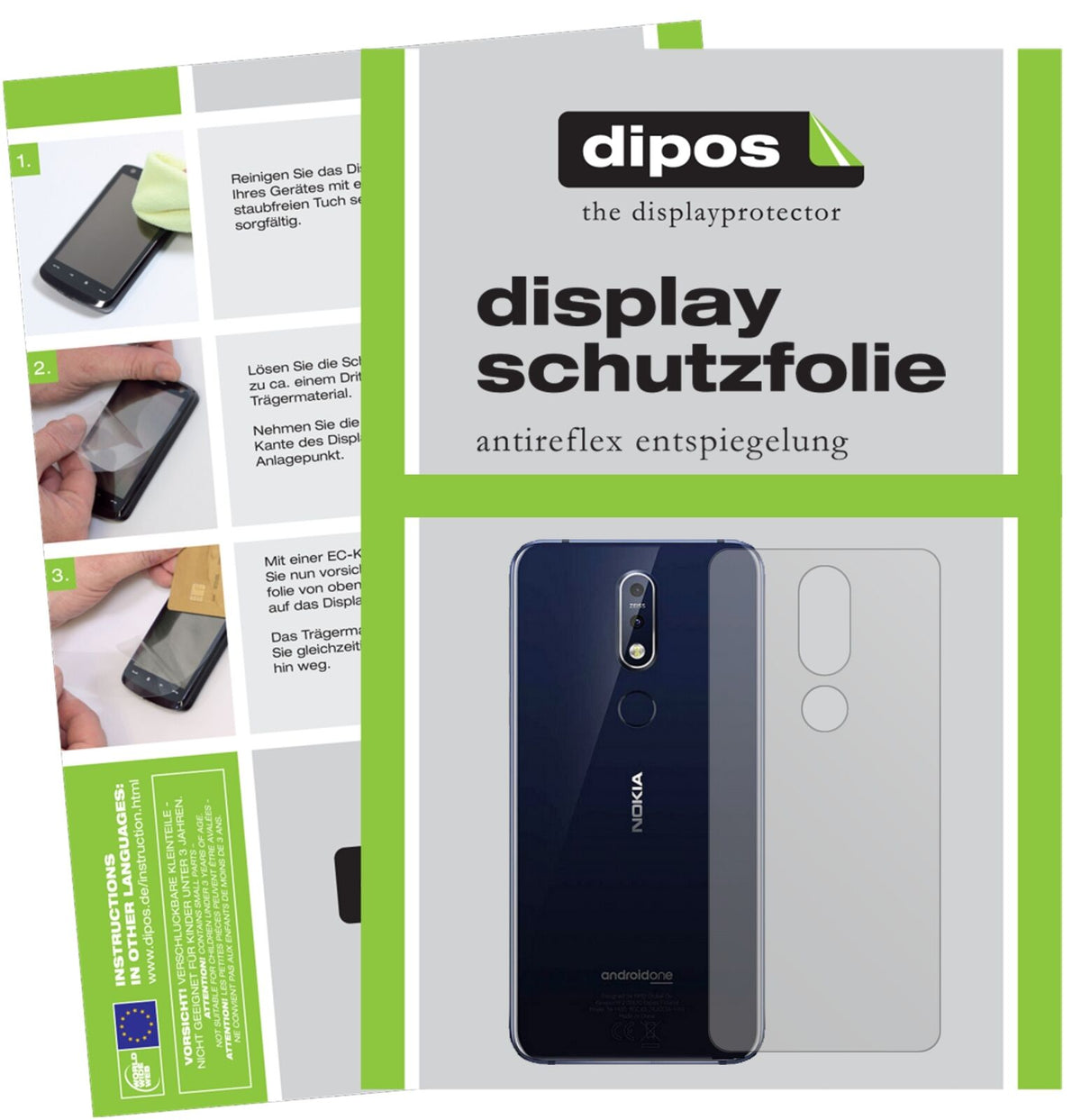 Nokia7.1 Plus Rückseite mit aufgebrachter dipos Displayschutzfolie, die lästige Fingerabdrücke minimiert