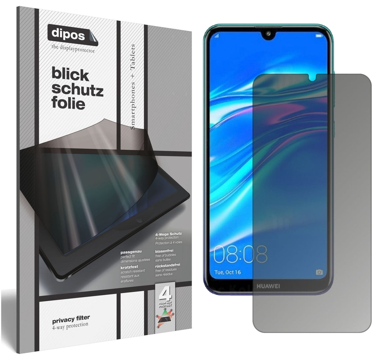 HuaweiY7 Pro (2019) mit aufgebrachtem dipos Displayschutz, der seitliche Einblicke blockiert