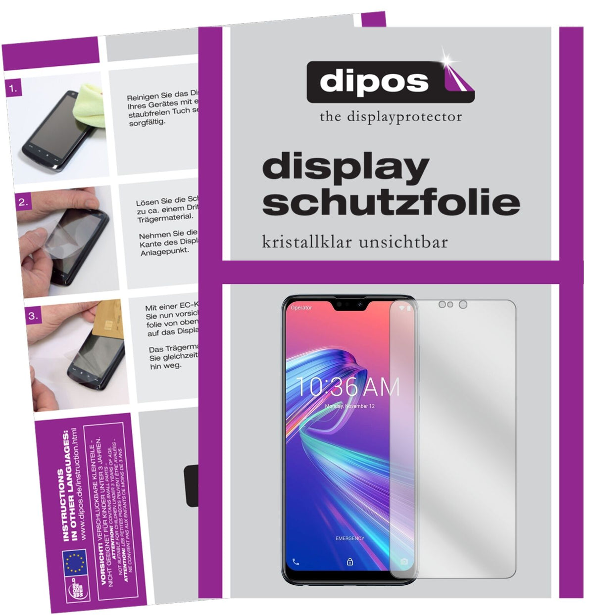 AsusZenFone Max Pro (M2) mit aufgebrachter dipos Displayschutzfolie, glasklare Darstellung ohne Einschränkungen