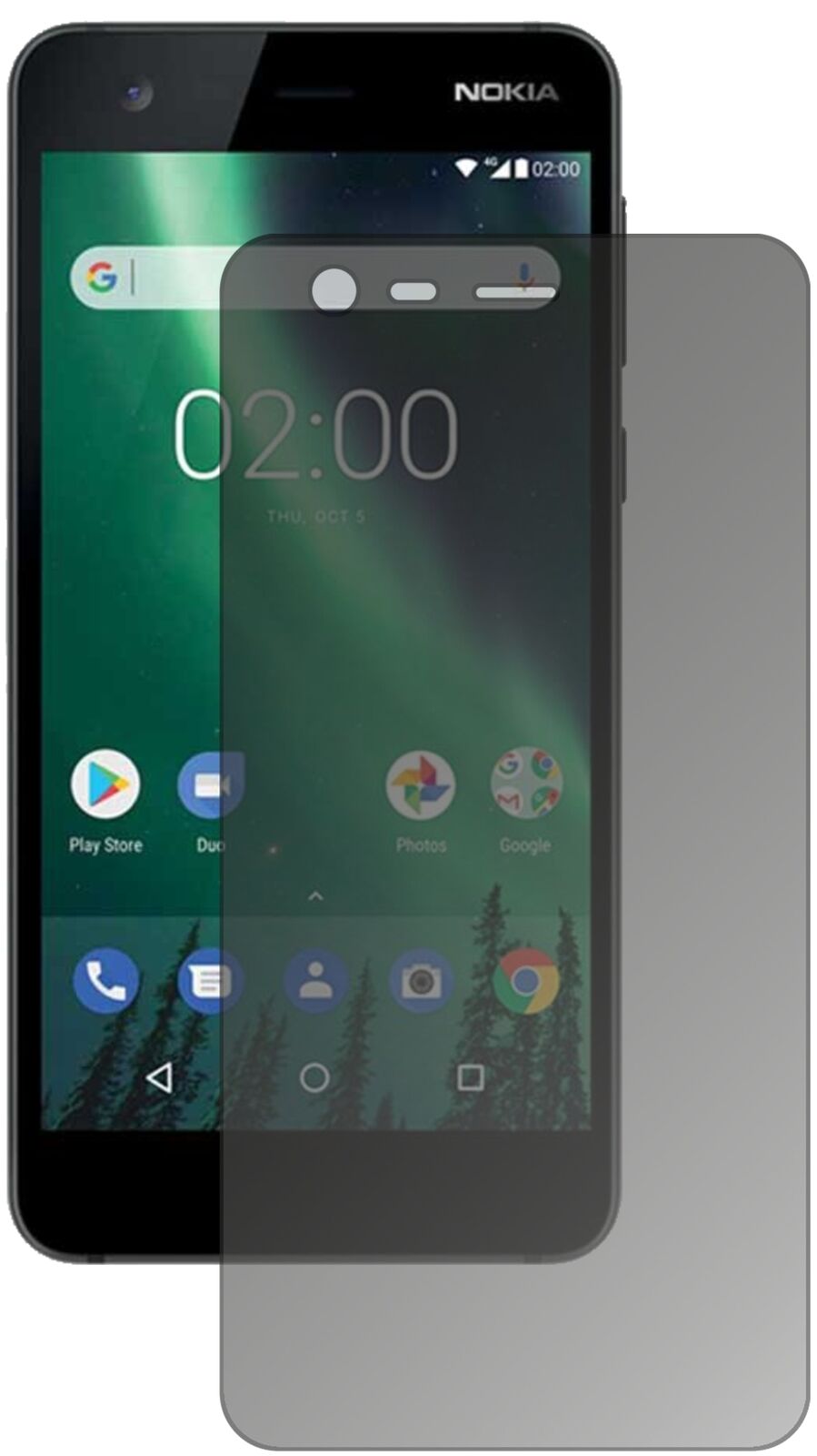 Nokia2 mit aufgebrachtem dipos Displayschutz, der seitliche Einblicke blockiert
