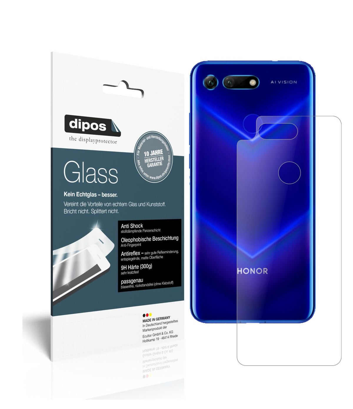 HonorView 20 Rückseite mit aufgebrachter dipos Panzerfolie, die lästige Fingerabdrücke minimiert
