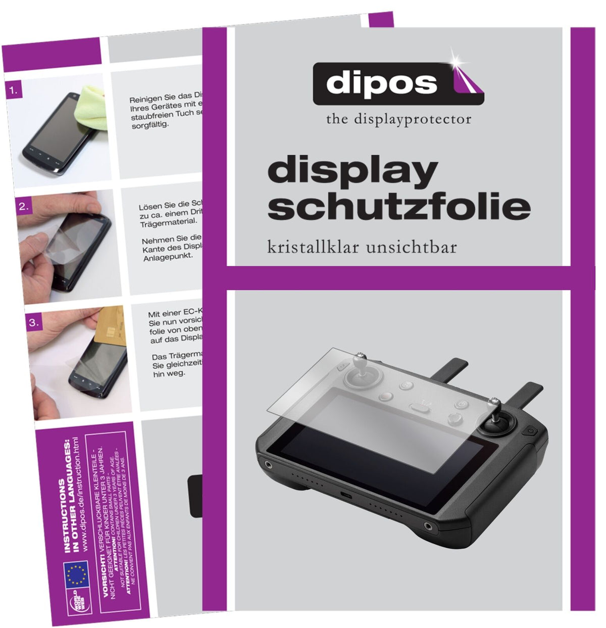 DJISmart Controller mit aufgebrachter dipos Displayschutzfolie, glasklare Darstellung ohne Einschränkungen