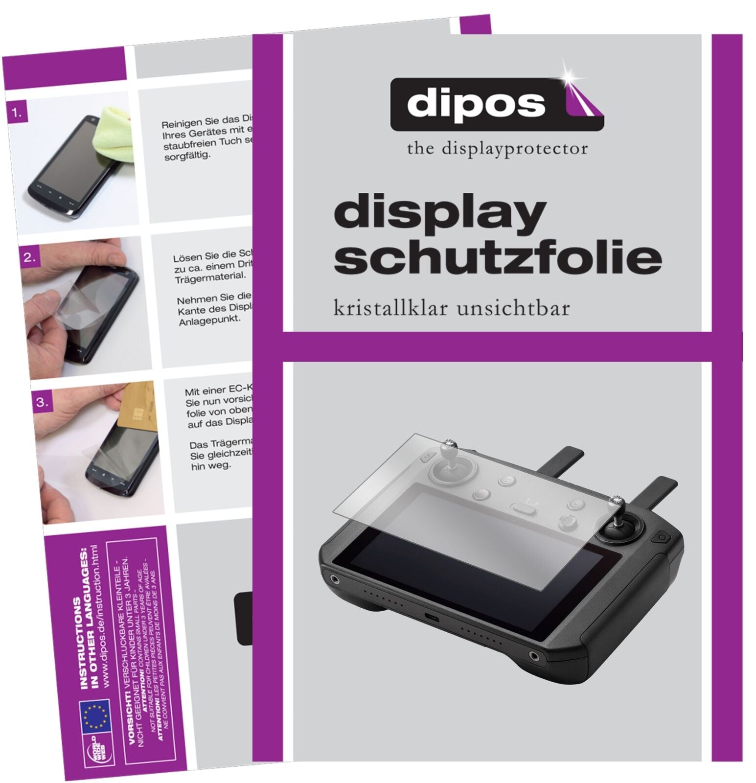 DJISmart Controller mit aufgebrachter dipos Displayschutzfolie, glasklare Darstellung ohne Einschränkungen