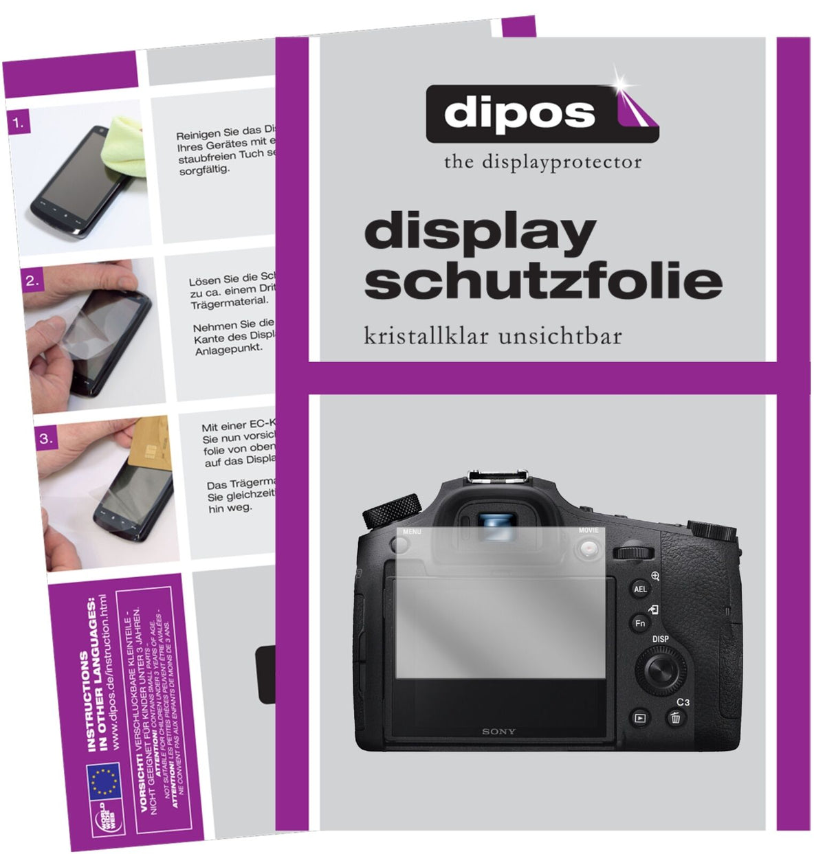 SonyDSC-RX10M4 mit aufgebrachter dipos Displayschutzfolie, glasklare Darstellung ohne Einschränkungen