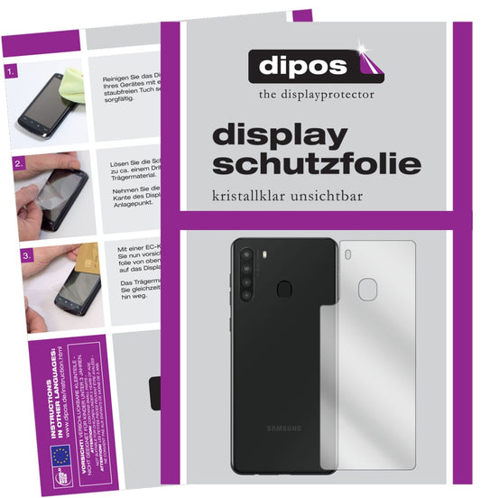 Klare Displayschutzfolie von dipos passend für Samsung Galaxy A21 Rückseite, präziser Zuschnitt und blasenfrei montiert