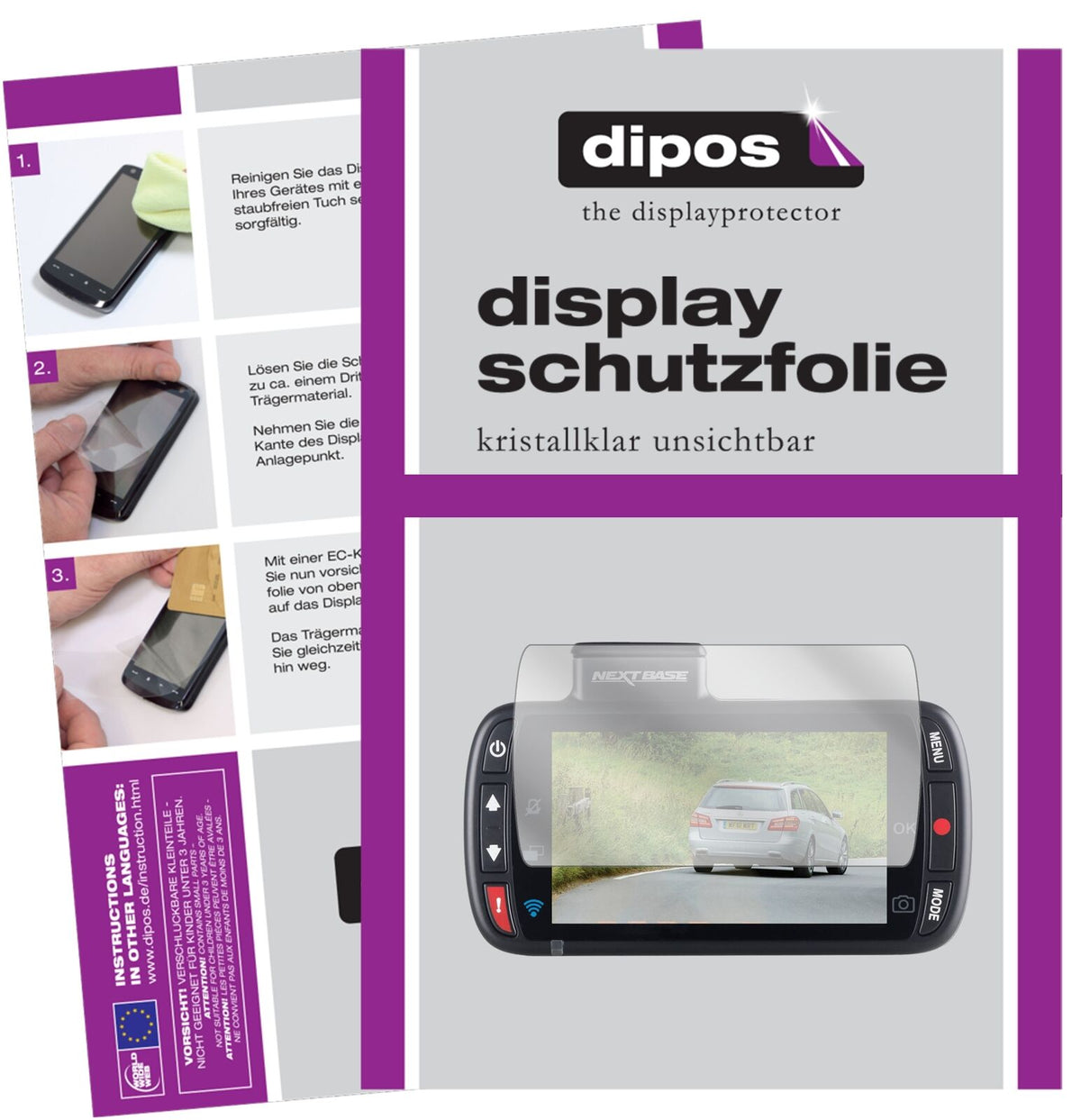 Nextbase312GW Dashcam mit aufgebrachter dipos Displayschutzfolie, glasklare Darstellung ohne Einschränkungen
