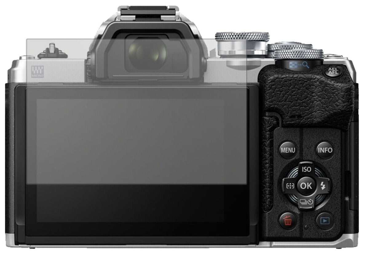 OlympusOM-D E-M10 Mark IV mit aufgebrachter dipos Displayschutzfolie, die lästige Fingerabdrücke minimiert