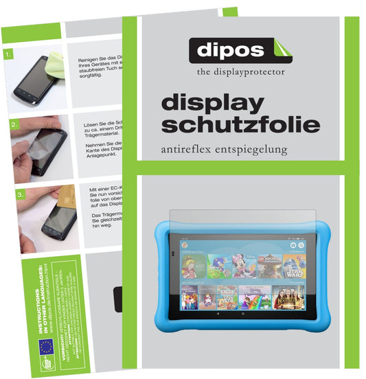 AmazonFire HD 8 Kids Edition (2018) mit aufgebrachter dipos Displayschutzfolie, die lästige Fingerabdrücke minimiert