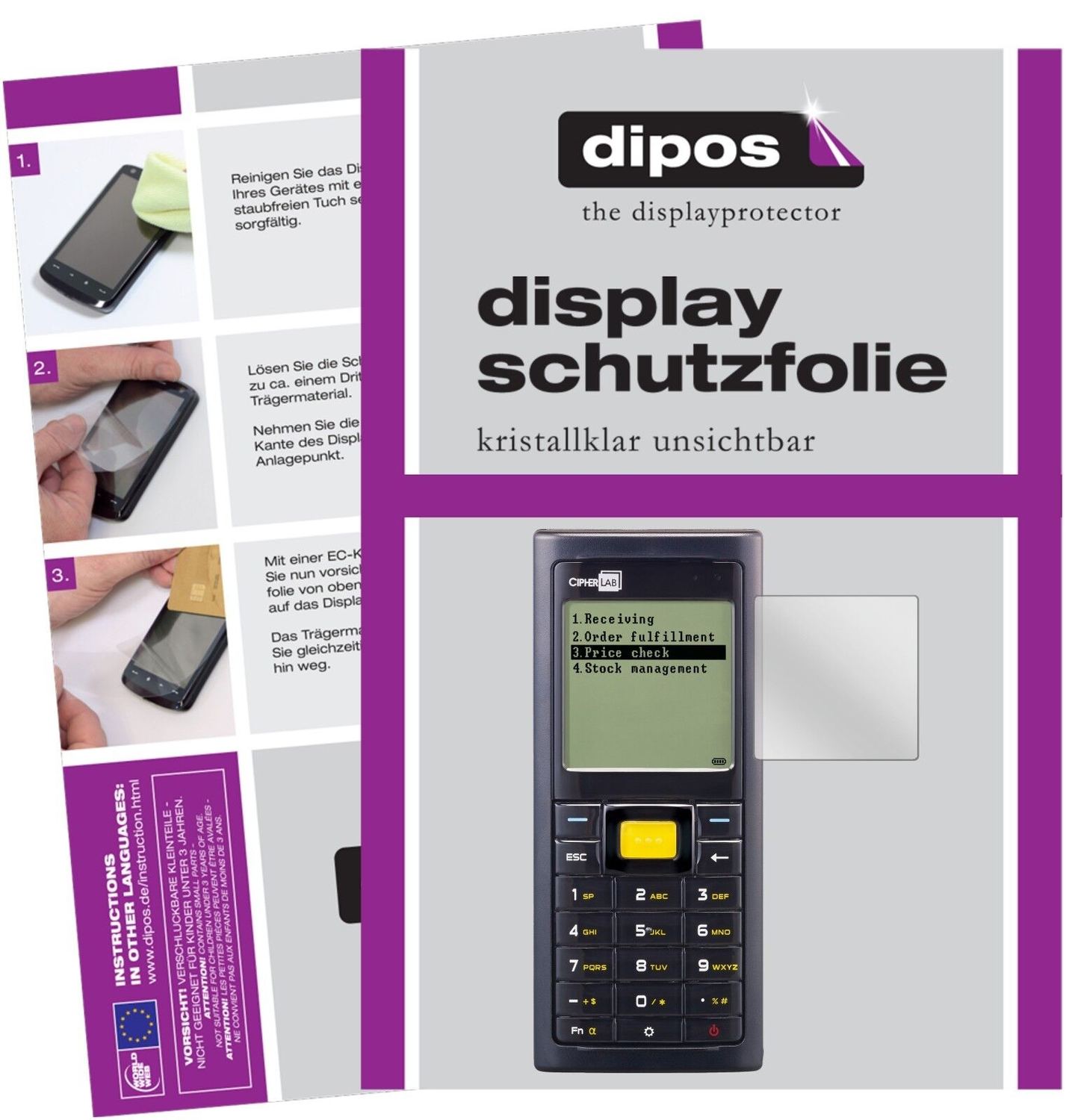 Cipherlab8200 mit aufgebrachter dipos Displayschutzfolie, glasklare Darstellung ohne Einschränkungen