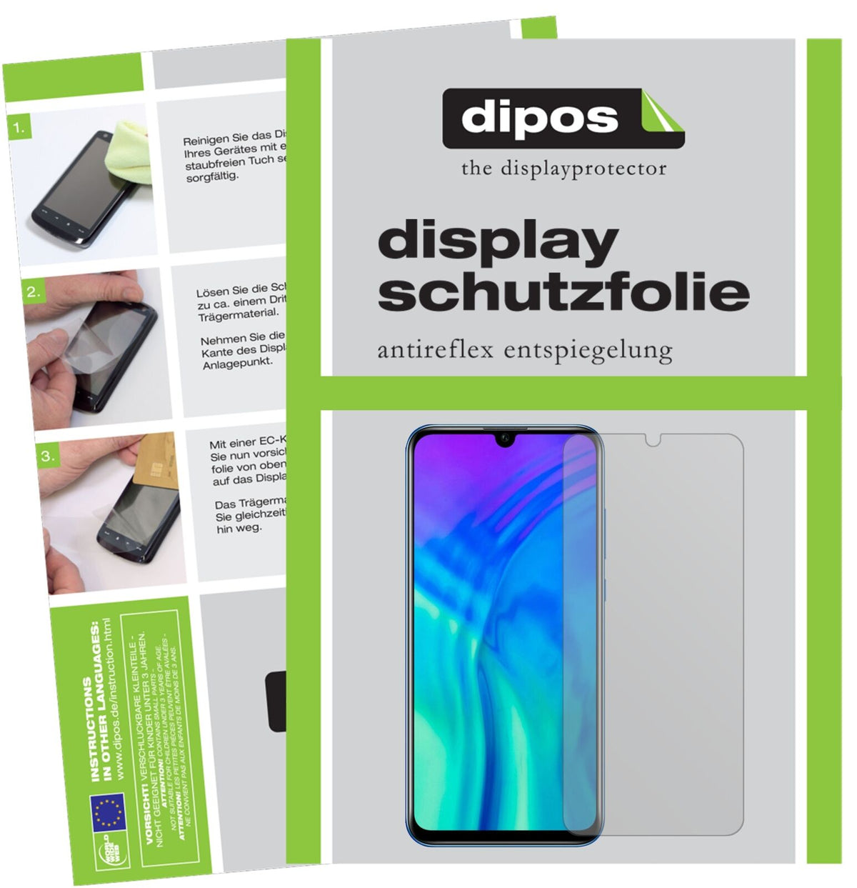 Honor20i mit aufgebrachter dipos Displayschutzfolie, die lästige Fingerabdrücke minimiert