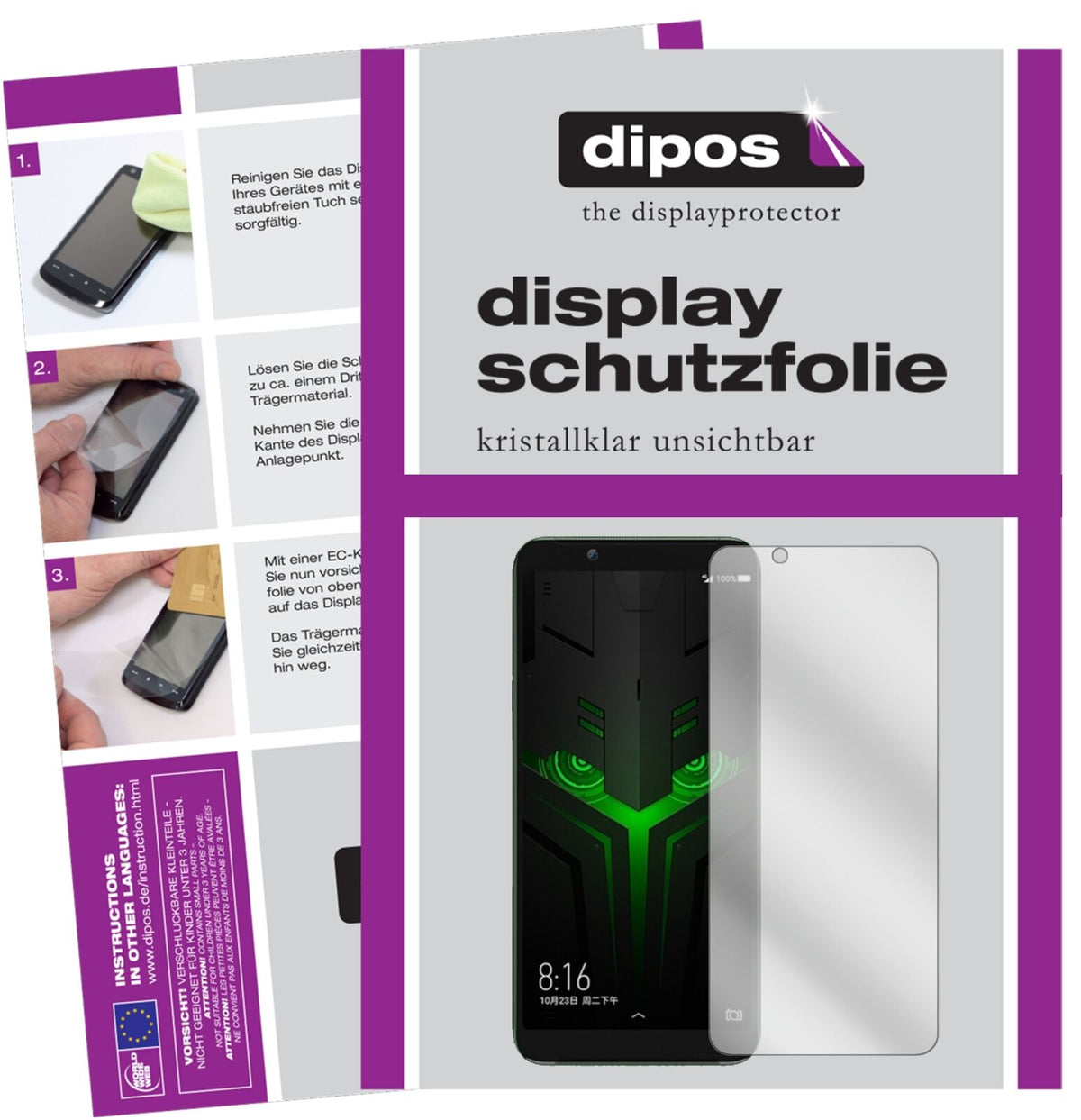 XiaomiBlack Shark Helo mit aufgebrachter dipos Displayschutzfolie, glasklare Darstellung ohne Einschränkungen