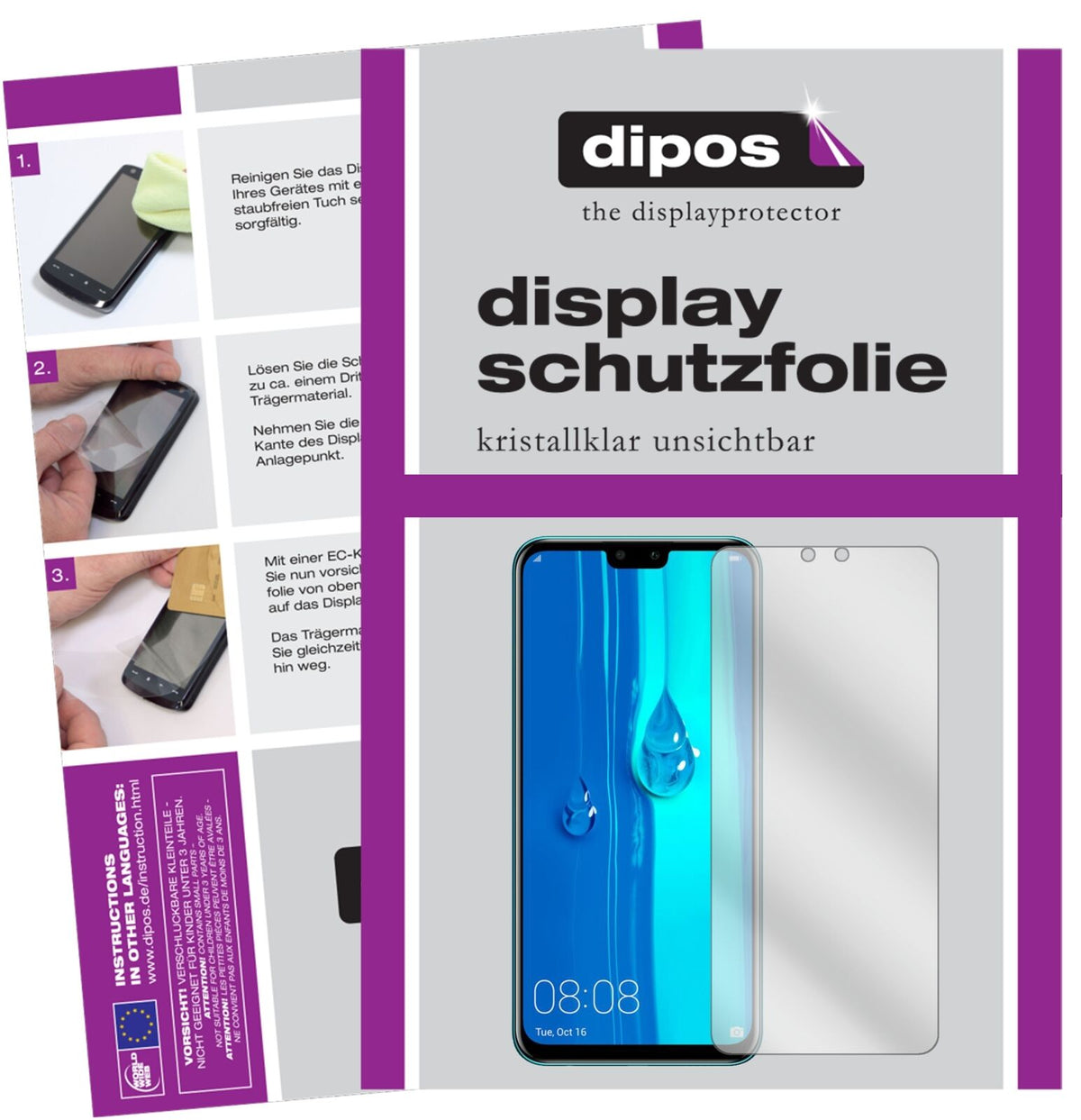 HuaweiEnjoy 9 Plus mit aufgebrachter dipos Displayschutzfolie, glasklare Darstellung ohne Einschränkungen