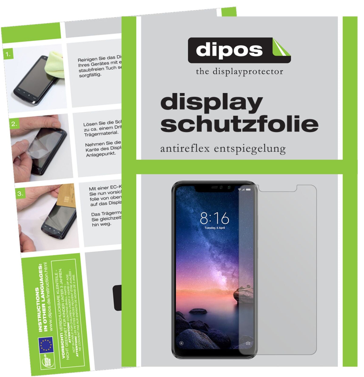 XiaomiRedmi Note 6 Pro mit aufgebrachter dipos Displayschutzfolie, die lästige Fingerabdrücke minimiert