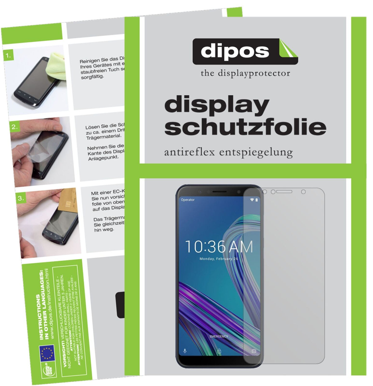 AsusZenFone Max M1 (ZB556KL) mit aufgebrachter dipos Displayschutzfolie, die lästige Fingerabdrücke minimiert
