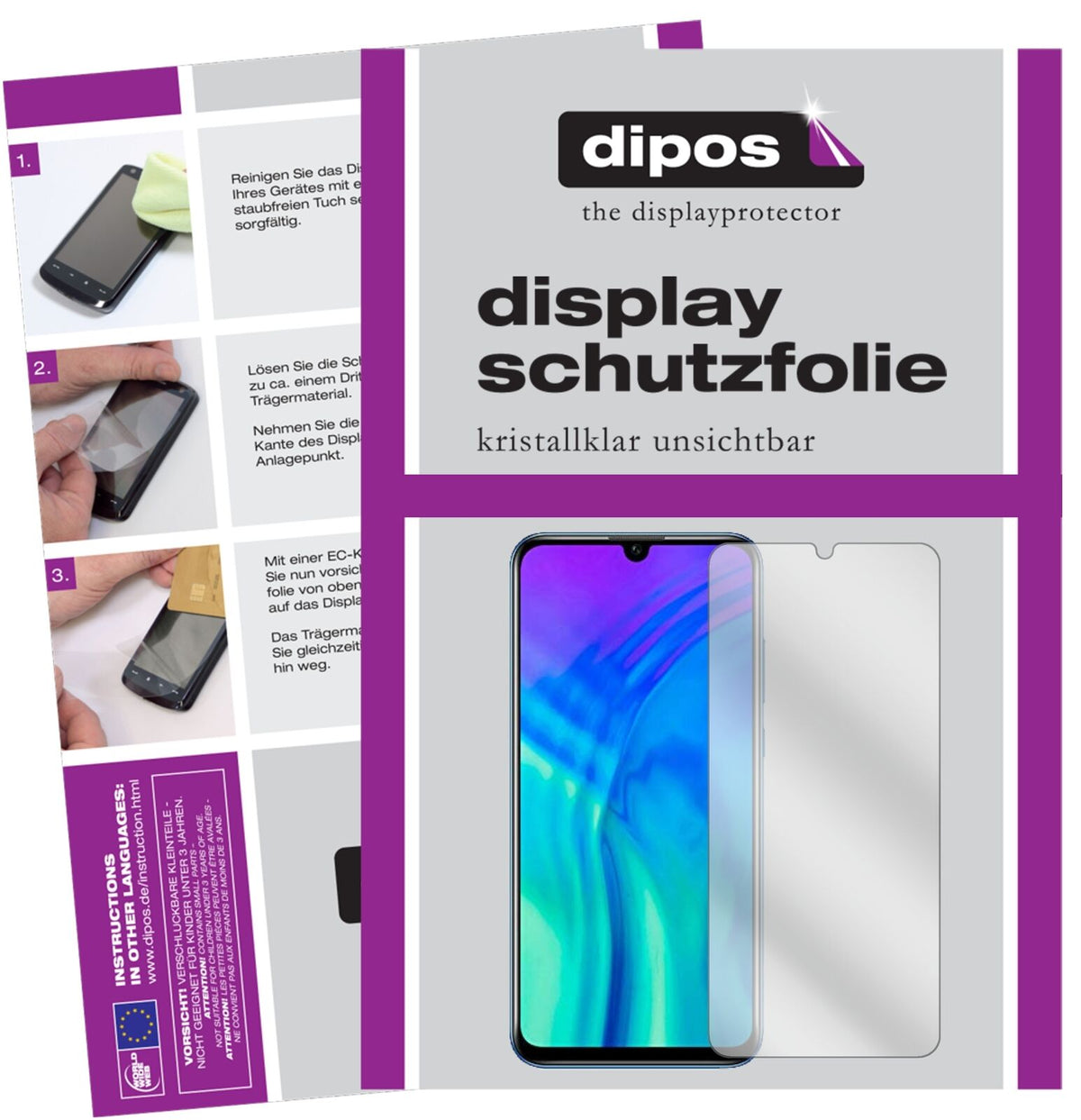 Klare Displayschutzfolie von dipos passend für Honor 20E, präziser Zuschnitt und blasenfrei montiert