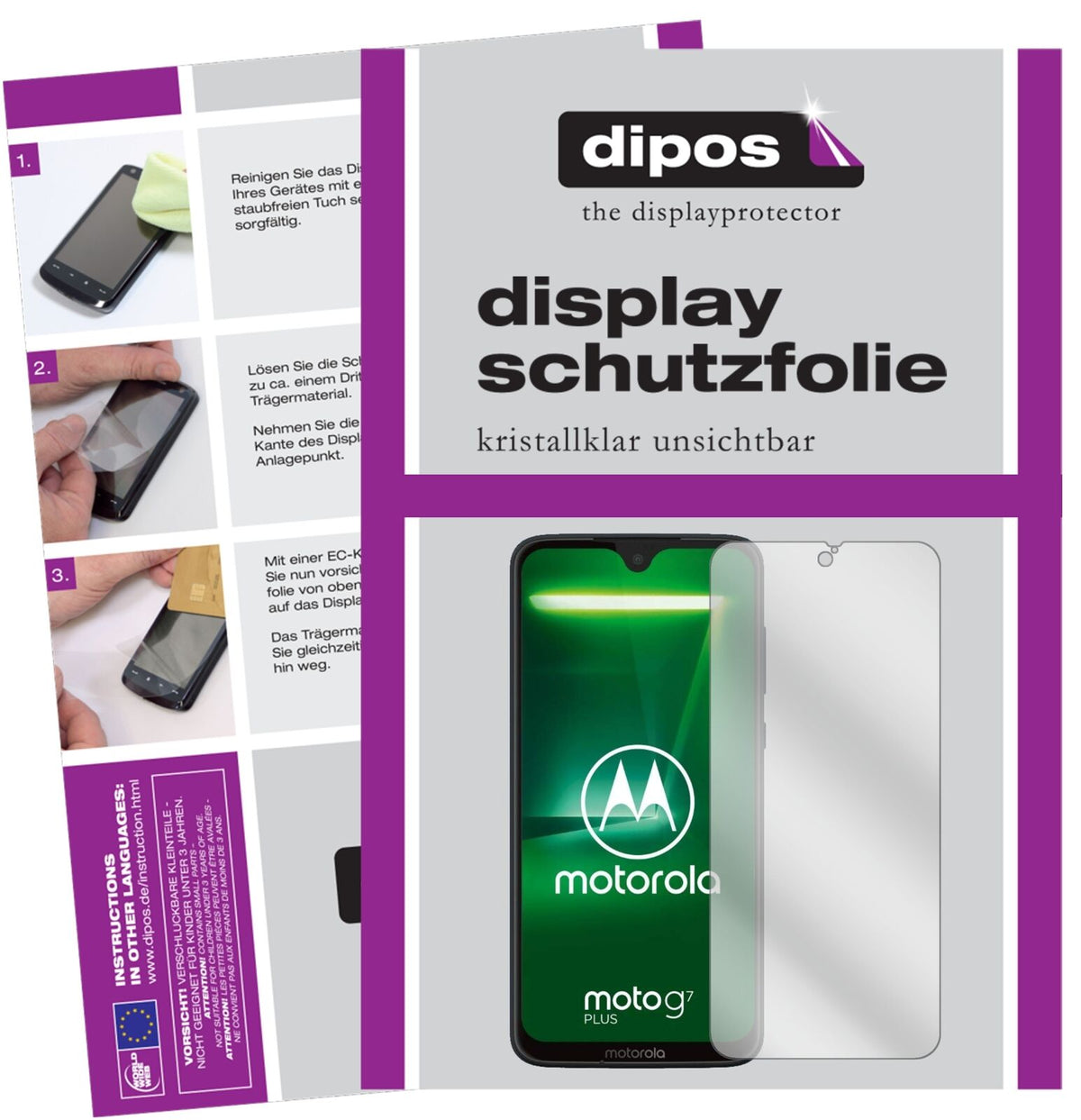 MotorolaMoto G7 Plus mit aufgebrachter dipos Displayschutzfolie, glasklare Darstellung ohne Einschränkungen