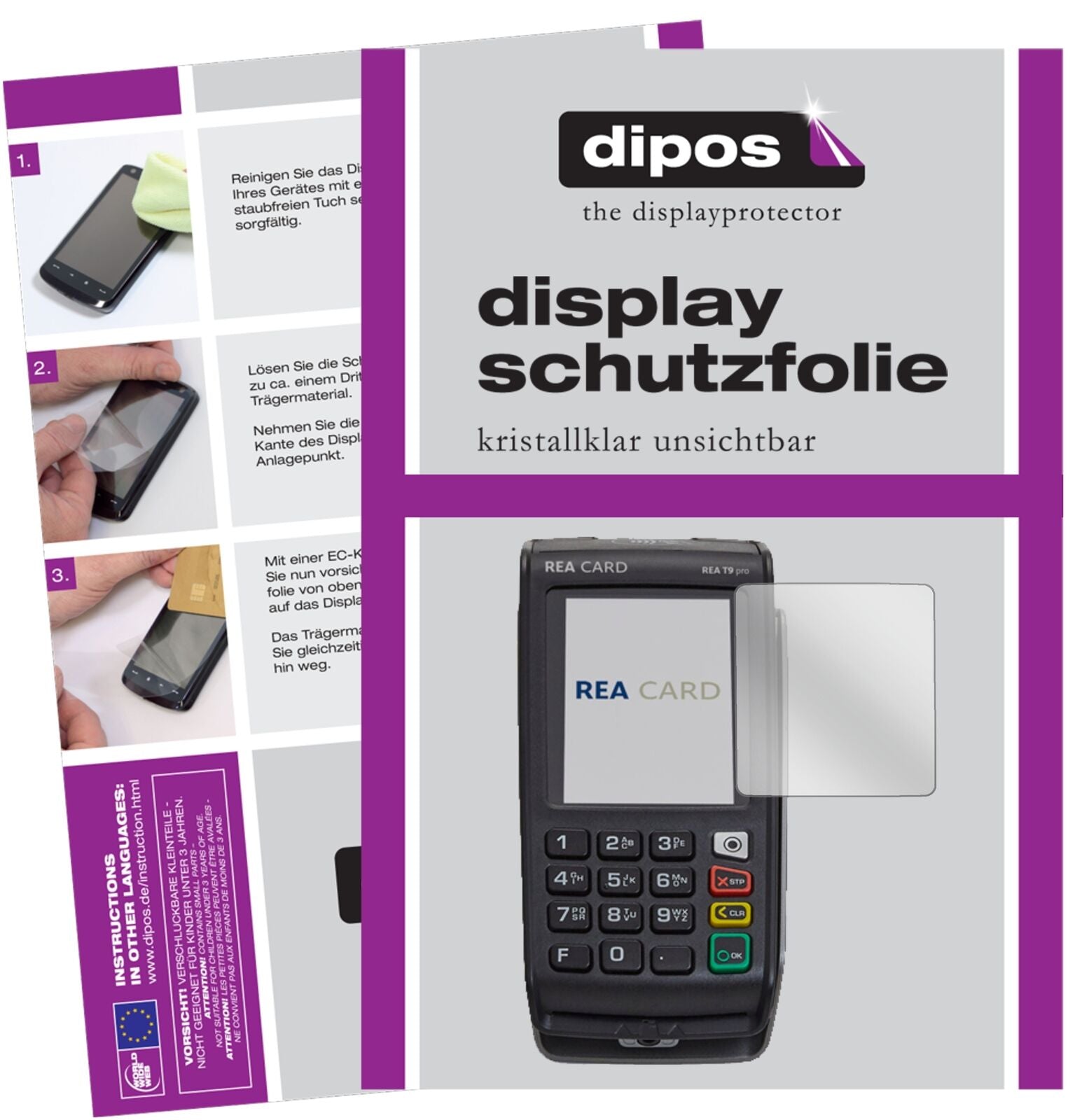 REA CARDT9 pro Terminal mit aufgebrachter dipos Displayschutzfolie, glasklare Darstellung ohne Einschränkungen
