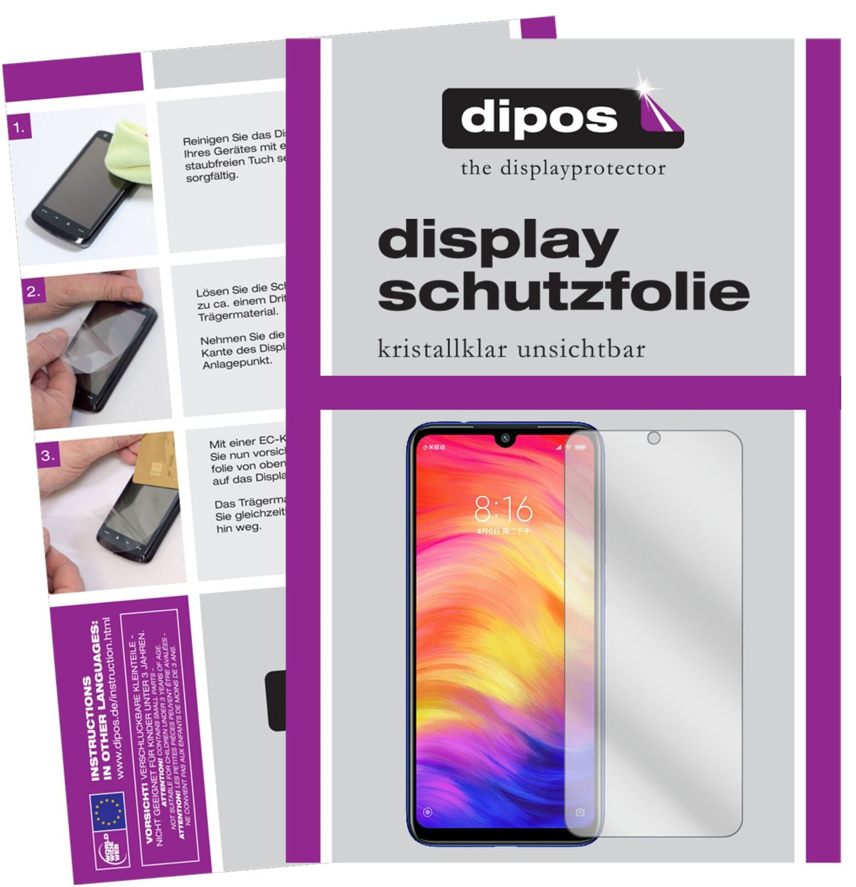 XiaomiRedmi Note 7 mit aufgebrachter dipos Displayschutzfolie, glasklare Darstellung ohne Einschränkungen
