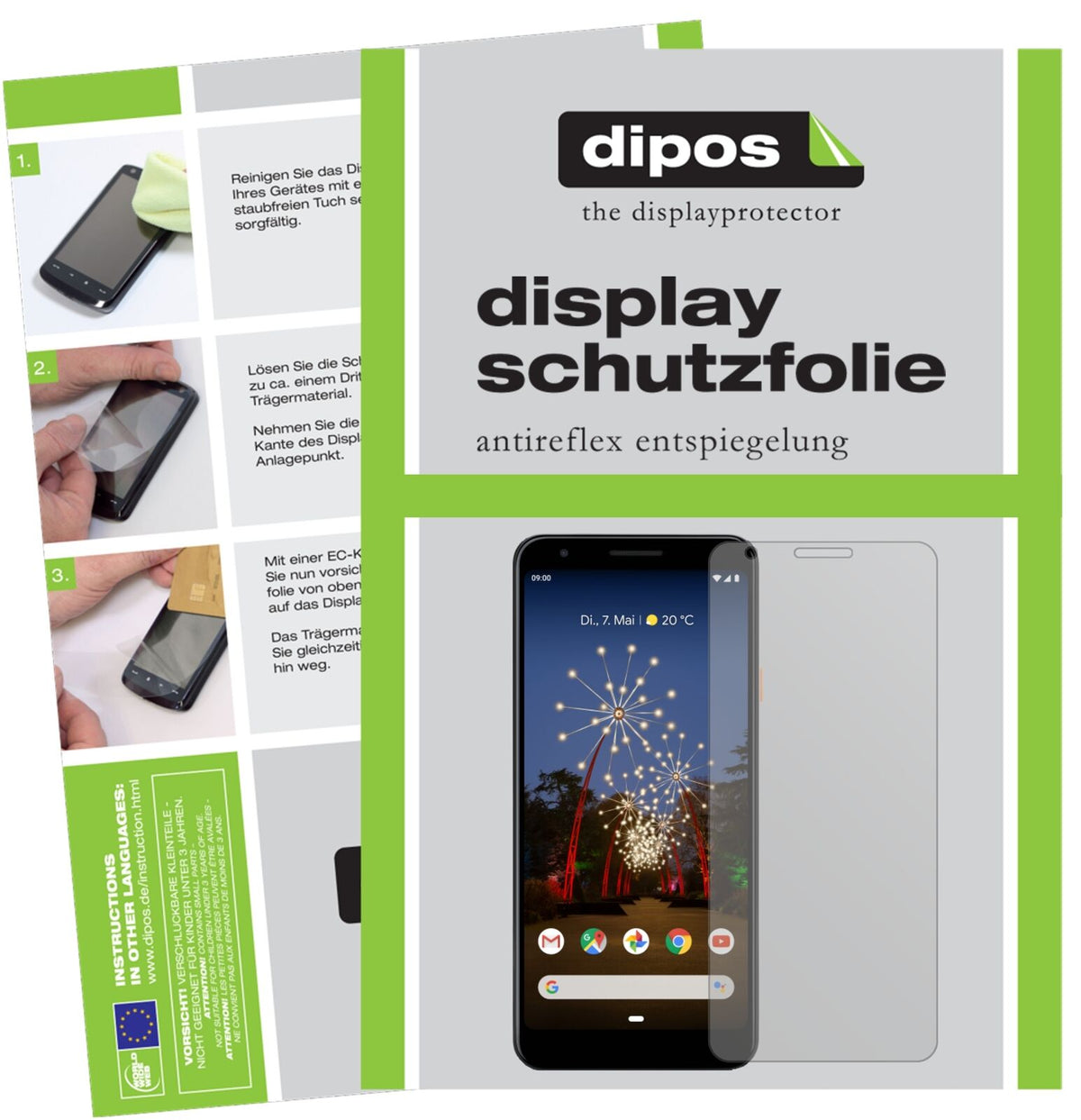 GooglePixel 3a mit aufgebrachter dipos Displayschutzfolie, die lästige Fingerabdrücke minimiert