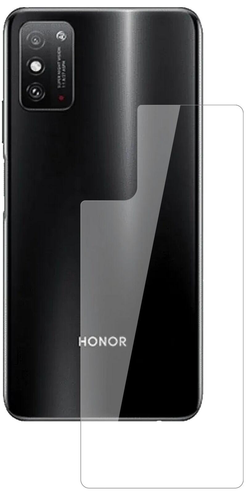 HonorX10 Max Rückseite mit aufgebrachter dipos Flex Schutzfolie, glasklare Darstellung ohne Einschränkungen