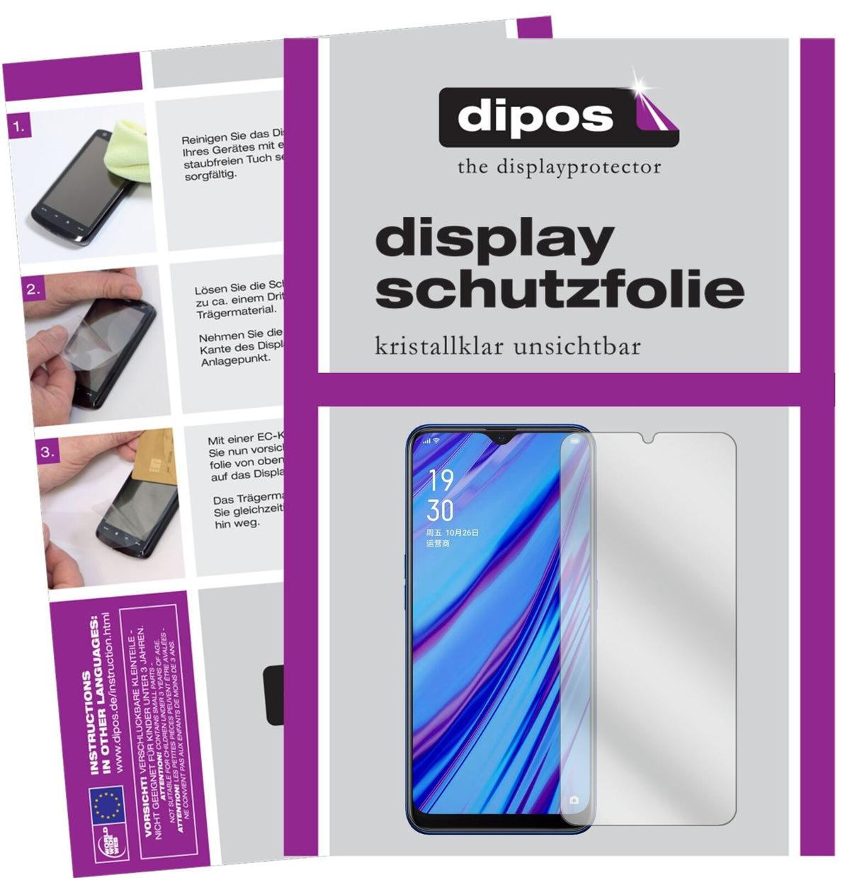 OppoA9 mit aufgebrachter dipos Displayschutzfolie, glasklare Darstellung ohne Einschränkungen