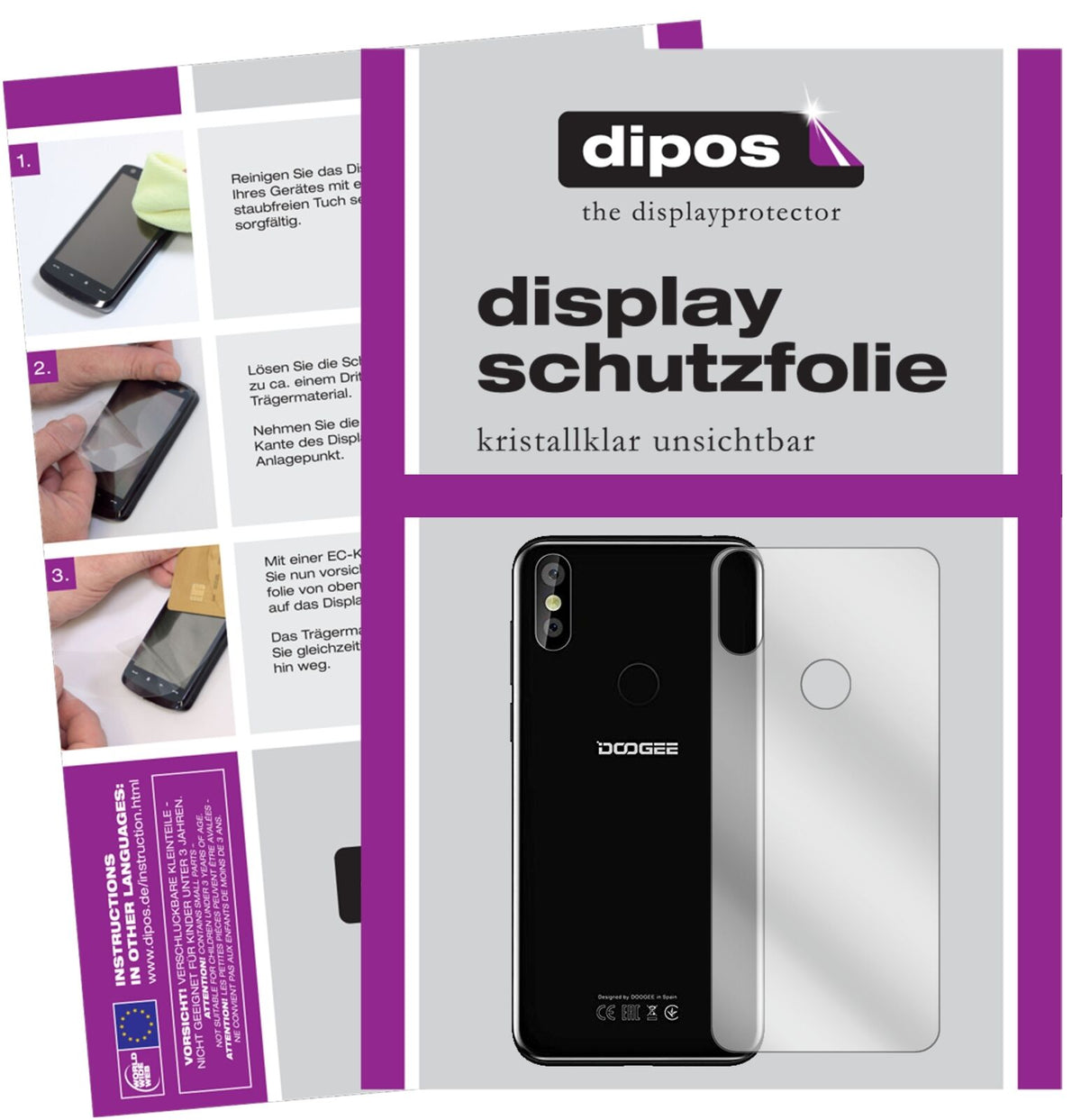 DoogeeY8 Rückseite mit aufgebrachter dipos Displayschutzfolie, glasklare Darstellung ohne Einschränkungen
